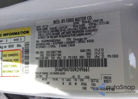 2013 Ford Fusion Se z USA, uszkodzony, nr VIN 3FA6P0H70DR249661
